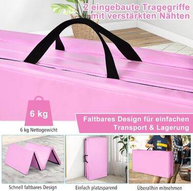 Мат гімнастичний COSTWAY 240x120x5 см, складаний, для йоги та фітнесу, рожевий, з липучкою та ручками