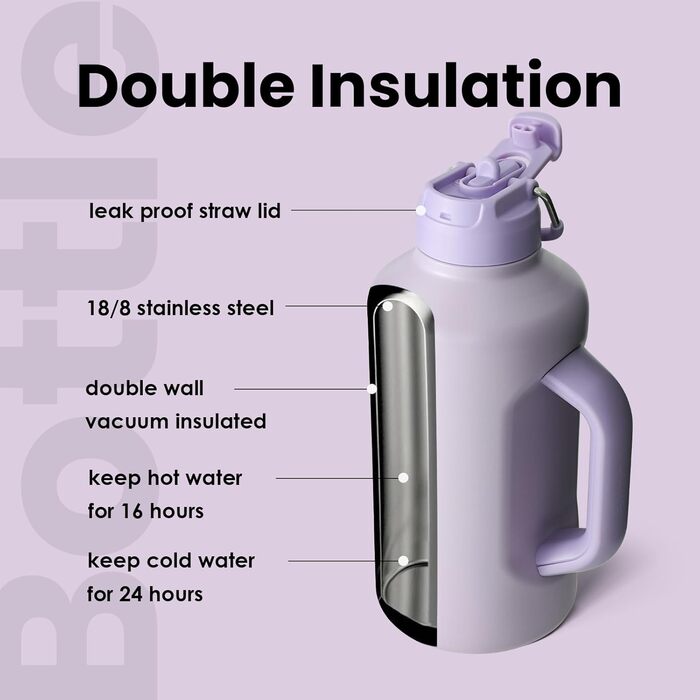 Ізольована пляшка для води Bottle Bottle з трубочкою та подвійним кришкою, спортивна сталева пляшка для чоловіків з ручкою, вакуумна сталь, для тренувань та спорту, 1,8 л (фіолетовий)