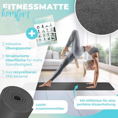 Килимок для гімнастики KESSER® з ручкою для перенесення, TPE, антиковзкий, для йоги, фітнесу, пілатесу та тренувань, 183 x 61 см
