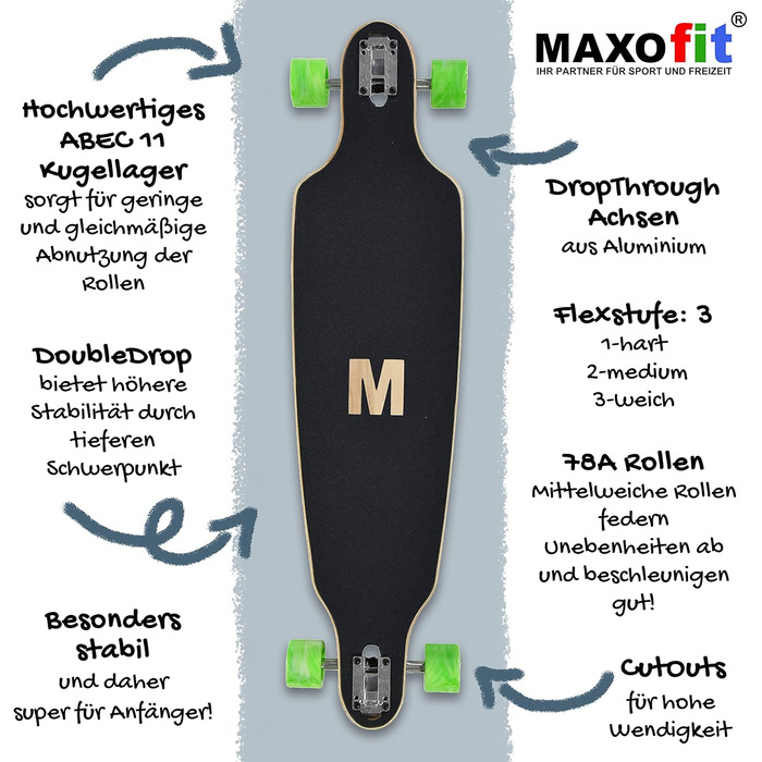 Лонгборд MAXOfit Charisma Green з кленовою/бамбуковою декою для початківців та досвідчених