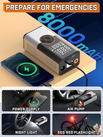 Електрична портативна насосна станція BIBURY 8000mAh для авто, мото, велосипедів та м'ячів, компресор 150 PSI з LED-дисплеєм, 5 режимів, акумулятор, ліхтар
