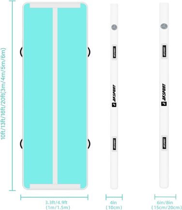 AKSPORT Килимок для гімнастики та акробатики з повітряною подушкою, 3/4/5/6 м, 10/20 см заввишки, 300x100x10 см, м'ятно-зелений