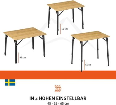 Зручний складаний садовий/кемпінговий столик Campout з бамбуковою полицею (65x50x65 см), 3 положення висоти, з сумкою