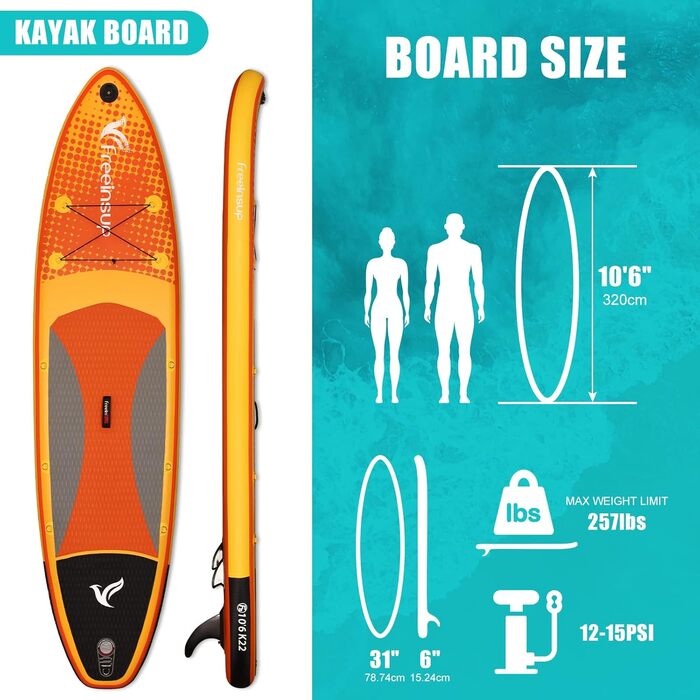 Надувний SUP Борд Freein з каяком, SUP дошка для дорослих 10'6 (305x84x15см), аксесуари для SUP, насос, адаптер, весло