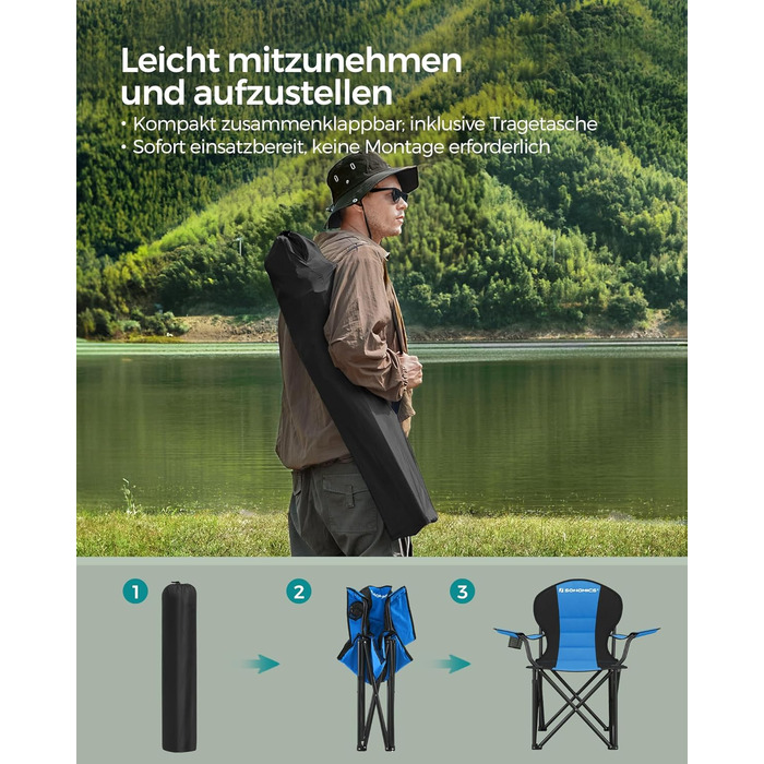 Крісло для кемпінгу SONGMICS, складане, з м'яким сидінням, 250 кг, блакитне та чорне
