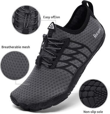 Водні черевики Raqua для жінок та чоловіків: дихаючі, швидковисихаючі, для басейну, пляжу та аквафітнесу (46 EU, Wz119 Grey)