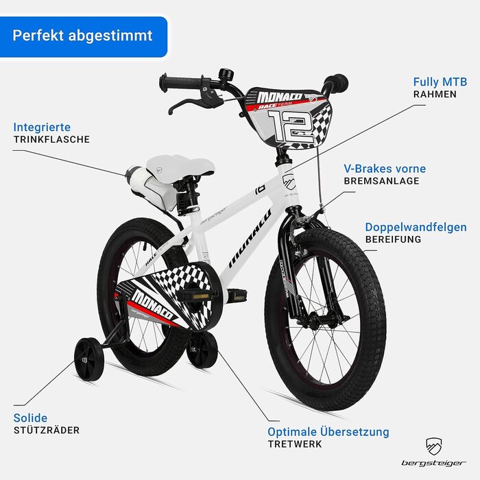 Дитячий велосипед Bergsteiger Monaco 12 дюймів, для 3-4 років, BMX, з додатковими колесами, заднім гальмом, пляшкою та захистом ланцюга