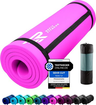 Килимок для гімнастики та йоги REFIT FITNESS Profi 190 x 60 см з PainProtect & SmartCell NBR, 10-15 мм. Нековзкий, для пілатесу, фітнесу, гімнастики. У комплекті: сумка, ремінь. Колір: фуксія