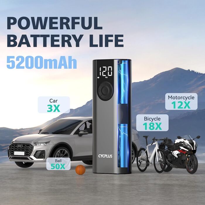 Електричний компресор CYCPLUS Max 150PSI, портативний міні насос для велосипедів, шин, з LED-ліхтарем, USB-C, акумуляторний, універсальний