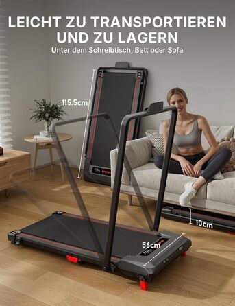 Біговий доріжки з нахилом 5%, компактний під стіл для дому та офісу, портативна бігова машина з LED дисплеєм, пульт дистанційного керування, вантажопідйомність 150 кг, 2.5HP тихий двигун (Чорний/Червоний)