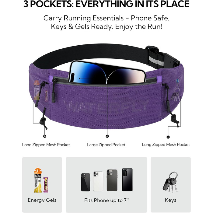 Поясна сумка для бігу WATERFLY: триатлон, марафон, тримач для телефону та номеру (фіолетова)
