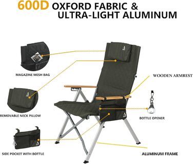 Крісло для кемпінгу складне, з високою спинкою, регульована спинка в 4 положеннях, до 150 кг, для саду, риболовлі, відпочинку на природі (зелене)