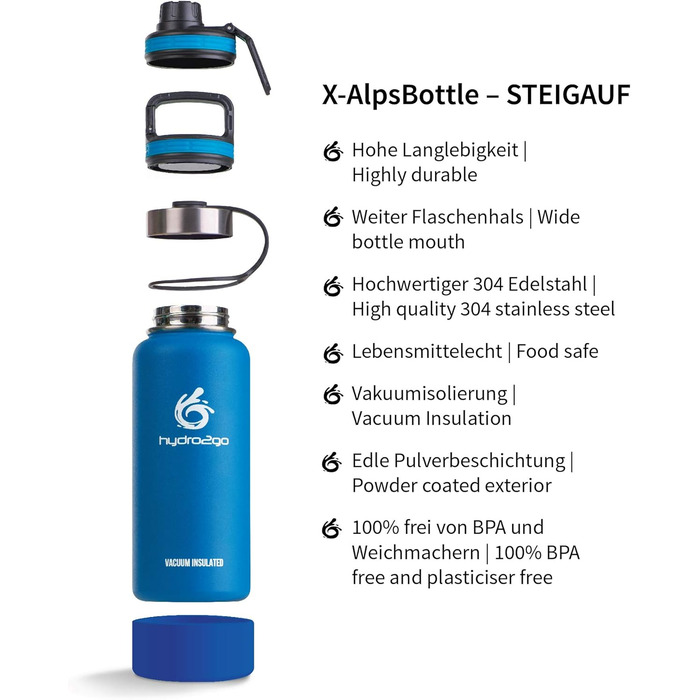 Герметична термос-пляшка з нержавіючої сталі hydro2go X-AlpsBottle 1 л, вакуумна ізоляція, 3 кришки, подвійні стінки, спортивна пляшка для напоїв, блакитна