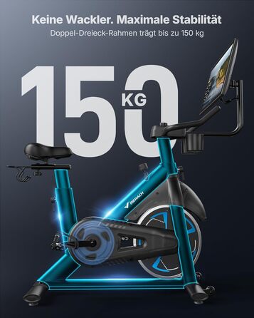 Велотренажер MERACH з магнітним опором, тихий, з покращеним амортизованим сидінням, власний додаток, стабільний H-фрейм, до 150 кг, блакитний з екраном