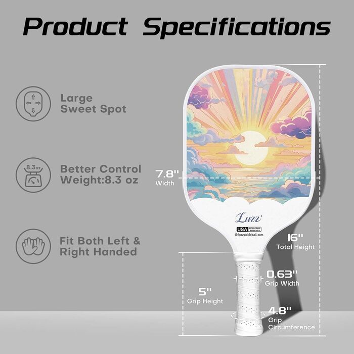 Пікбол ракетка LUZZ T700 з карбону, з шароподібною поверхнею та сотовим ядром - для початківців, з підвищеною обертальною силою та контролем