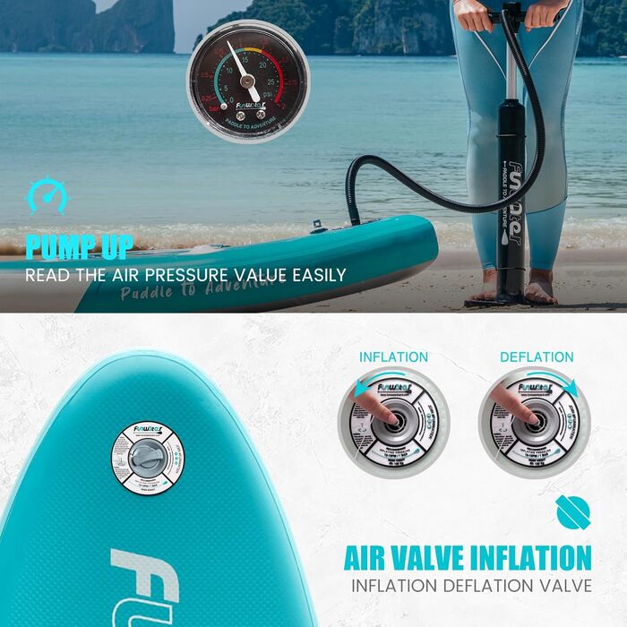 SUP дошка FunWater надувна 10'-11' з веслом та насосом, Eva-покриття, для 2-х осіб/сім'ї, блакитно-зелена