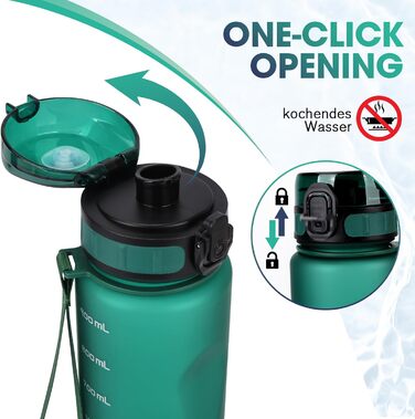 Спортивна пляшка для води 1л, витокозахисна, без BPA, з мірною шкалою, смарагдово-зелена