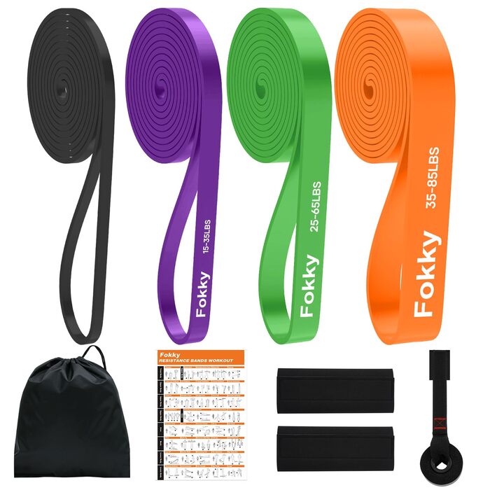 Резинки для фітнесу Fokky Resistance Bands Set 4-х рівнів, з анкером для дверей та захисними накладками для силових тренувань, розбудови м'язів та загальної фізичної підготовки