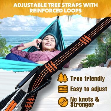 Гамак для кемпінгу NATUREFUN | Легкий, 300 кг, дихаючий, швидковисихаючий, нейлон, 2 карабіни, 2 петлі, для дому, саду, 275 x 140 см, темно-синій/синій