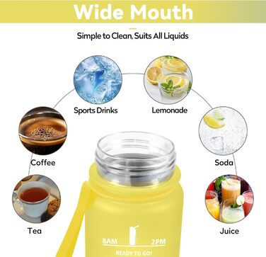 Спортивна пляшка для води 1л з маркуванням часу, фільтром, для напоїв з газом, без витоку, для велосипеда, бігу, дорослих (жовто-королівсько-блакитна)