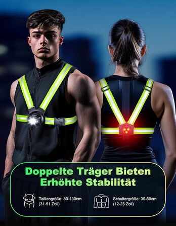 Лампа для бігу Lauflampe Joggen: нагрудна лампа з проблисковим світлом, 500 люмен, кут нахилу 45°, 2 кольори світла, USB-C, IPX4, подвійний ремінь з 360° світловідбивачами для кемпінгу, активного відпочинку, велоспорту (без заднього ліхтаря)