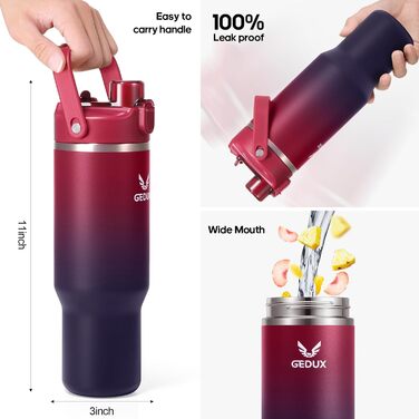 Спортивна термобутилка GEDUX IceFlow Flip Straw 1 л із трубочкою, зберігає холод понад 12 годин, герметична, BPA Free, для води, червоно-чорна, підходить для посудомийки