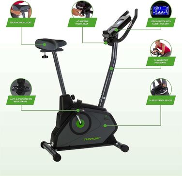 Велотренажер Tunturi Cardio Fit E30 з магнітною системою, LCD-дисплеєм, датчиками пульсу та тримачем для планшета, домашній ергометр для фітнесу