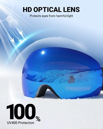 Лижні окуляри Meeloog безрамкові OTG для сноуборду, антифог, захист UV400, унісекс (сіра рама, Revo blue лінзи Vlt 20.29%)