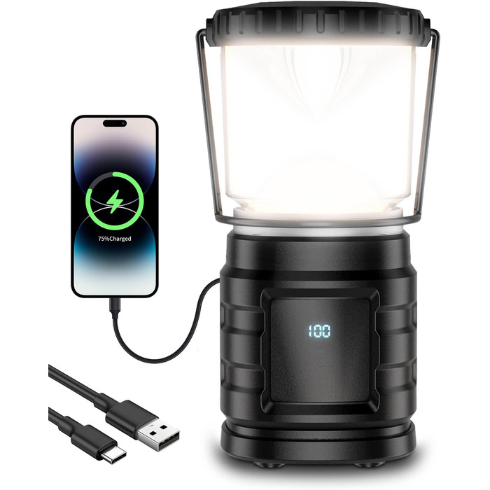 LED кемпінговий ліхтар на акумуляторі 8000mAh, 1000 люмен, з індикатором заряду, 4 режими світла, водонепроникний IP65, USB-C, для кемпінгу, туризму, риболовлі, SOS, модель M2