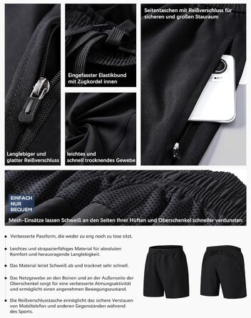 Шорти спортивні чоловічі HOPLYNN 2 шт. з кишенею на блискавці, швидковисихаючі, чорні