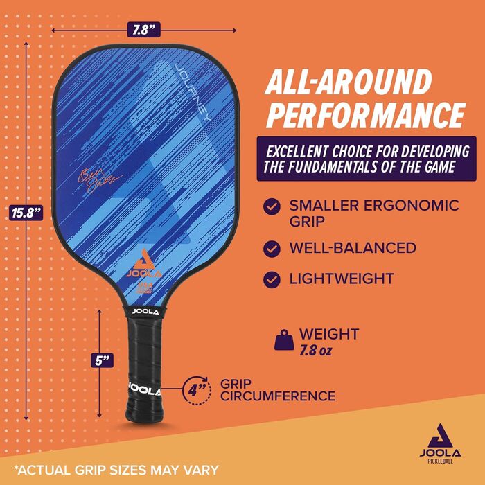 Ракетка для піклболу JOOLA Journey: скловолокно-графіт, легка, з контролем, схвалена USAPA, блакитна, 10 мм