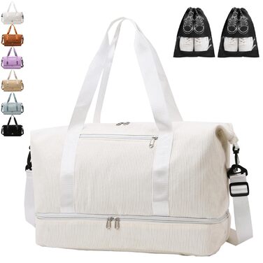 Спортивна сумка YOUYIKE з вельвету для жінок та чоловіків, місткість 20-35Л, з відділенням для взуття та вологих речей, дорожня сумка-вікендер для фітнесу, тренувань та подорожей (Коричневий/Білий)