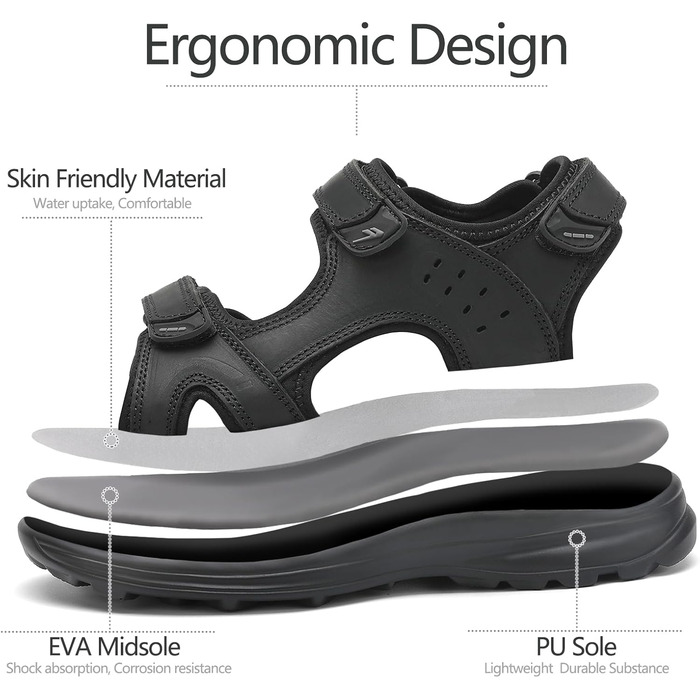 Чоловічі сандалі FLARUT для туризму та відпочинку на природі. Легкі сандалі з натуральної шкіри, чорного кольору, розмір 40 EU. Ідеальні для літа та активного відпочинку.