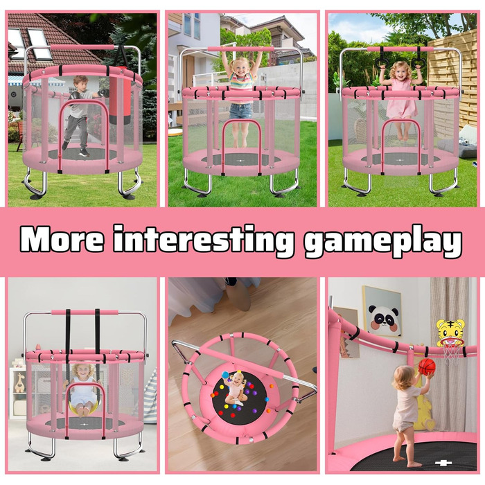 Дитячий батут з сіткою безпеки, регульованою перекладиною та гойдалкою, для хлопчиків та дівчаток 3-6 років (Рожевий)