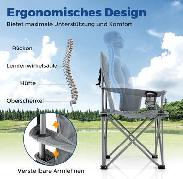 Крісло для кемпінгу Costway XXL, 227 кг, з підлокітниками та кишенею для напоїв, сіре