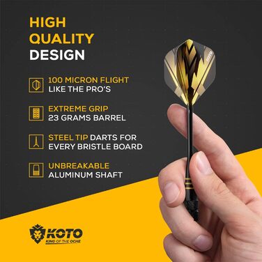Дартс-набір KOTO з латуні, 4 комплекти чорних дартсів 23 г, 4 комплекти оперень 100 мікрон, чорні алюмінієві стрижні, кейс