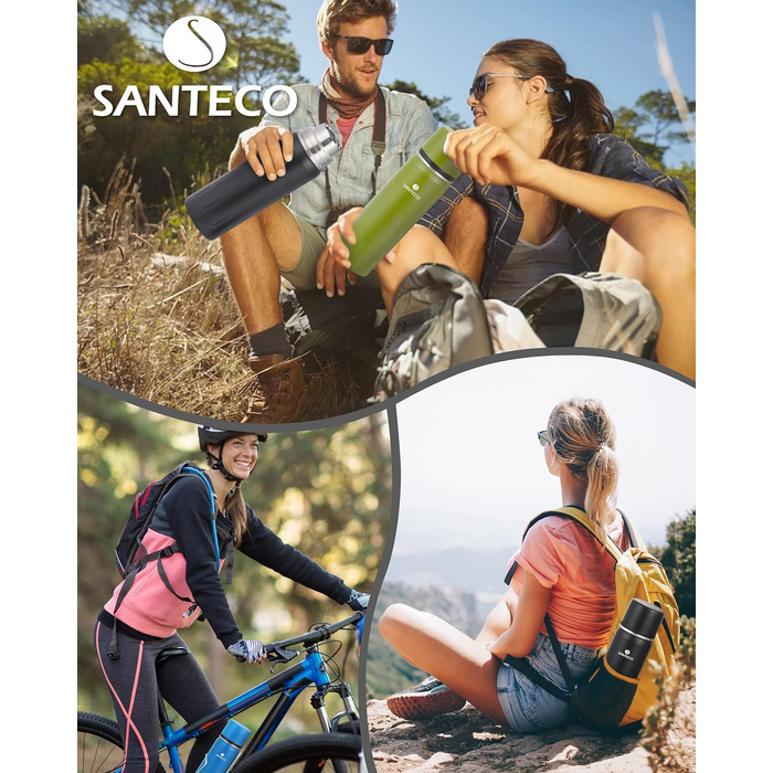 Термос SANTECO з нержавіючої сталі 1л/500мл, герметичний ізольований з чашкою для напоїв, для кави, чаю, дітей, спорту, BPA-free, 24 год холод/12 год гаряче