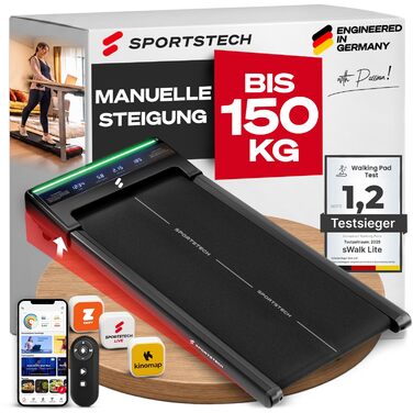 Бігова доріжка Sportstech sWalk Lite Walking Pad для дому та офісу, нахил 6%, до 6 км/год, LED-дисплей, керування через додаток та пульт, компактна, до 150 кг, чорна