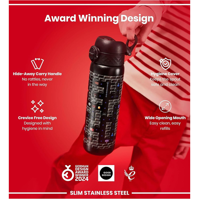 Сталева термобутилка Ion8 Evo чорна, герметична пляшка для води з клапаном One-Finger, кришкою-клапаном та ручкою, підходить для підстаканників, підходить для посудомийки