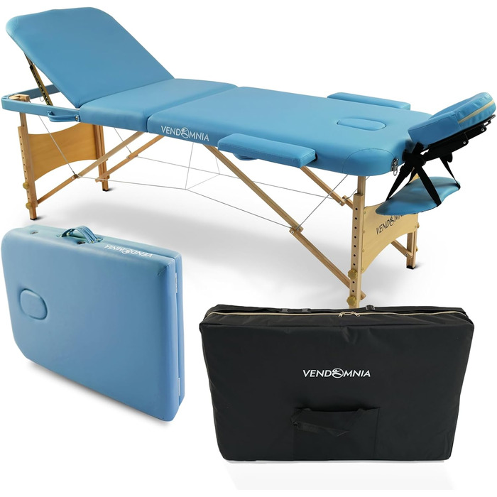 Мобільна масажна ліжка VENDOMNIA з дерев'яними ніжками, 3 зони, регулювання висоти, включаючи високоякісну підголівник, сумка, підлокітники, вибір кольору, складана, масажний стіл, масажне ліжко, ліжко для процедур, 3 зони, дерев'яний каркас, світло-блаки