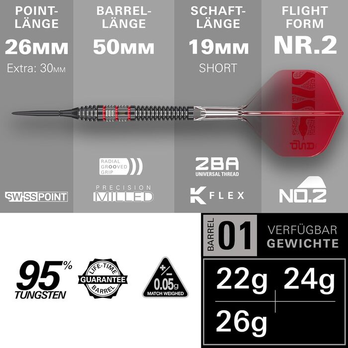 Дарти сталеві Nathan Aspinall 95K (22/24/26г) Wolfram 95% з польотами K-Flex та Swiss Storm Black SP