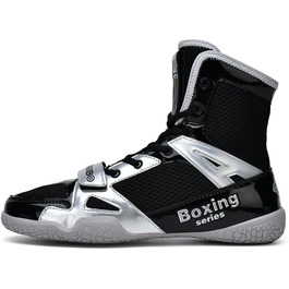Боксерські черевики для чоловіків та жінок, дитячі, для залу, фітнесу, бойові черевики, антиковзкі та дихаючі хай-топ боксерські черевики, чорний сріблястий, 41 EU