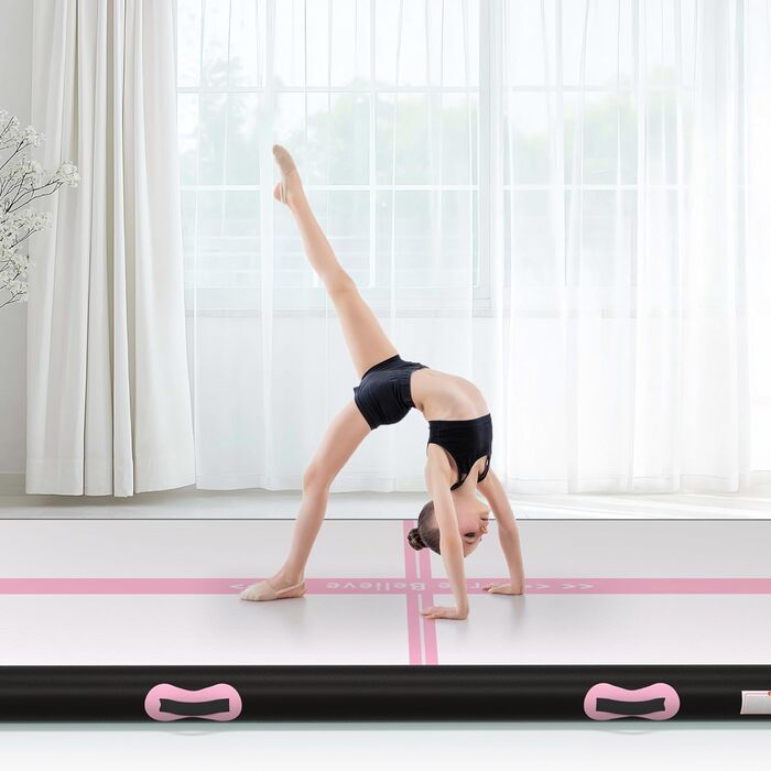 Надувна гімнастична мат для тренувань з насосом, 10.2-15.2 см товщина, для челідингу/йоги/паркуру/пляжу/парку/води (чорний/рожевий, 3м*1м*0.1м)