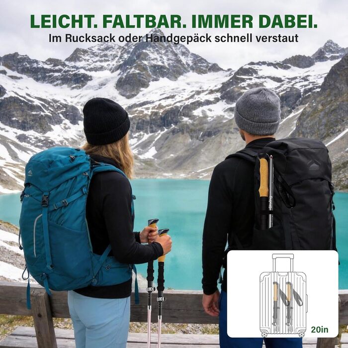 Складані трекінгові палиці для ходьби (2 шт), карбон 3K та алюміній 7050, регульовані 110-135 см, коркова ручка з EVA, сірі