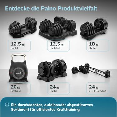 Штанга Skandika Hanteln Paino: Регульований набір гантелей 1.5-24 кг, штанга, гиря, диски. Для дому та спортзалу (3-в-1)