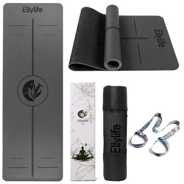 Протиковзкий килимок для йоги, пілатесу та фітнесу з еко-натурального каучуку та TPE, з лініями розмітки та ременем для перенесення, темно-сірий, 4 мм