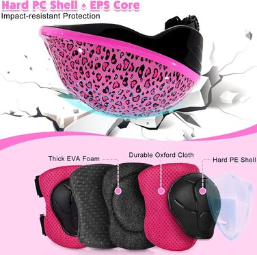 Дитячий шолом та набір захисту: шолом з LED, наколінники та налокітники для велосипеда та скейтборда (рожевий, 3-8 років)