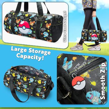 Дитяча спортивна сумка Pokemon – велика дорожня сумка з ручками та плечовим ременем, чорна/різнокольорова для хлопчиків і дівчаток
