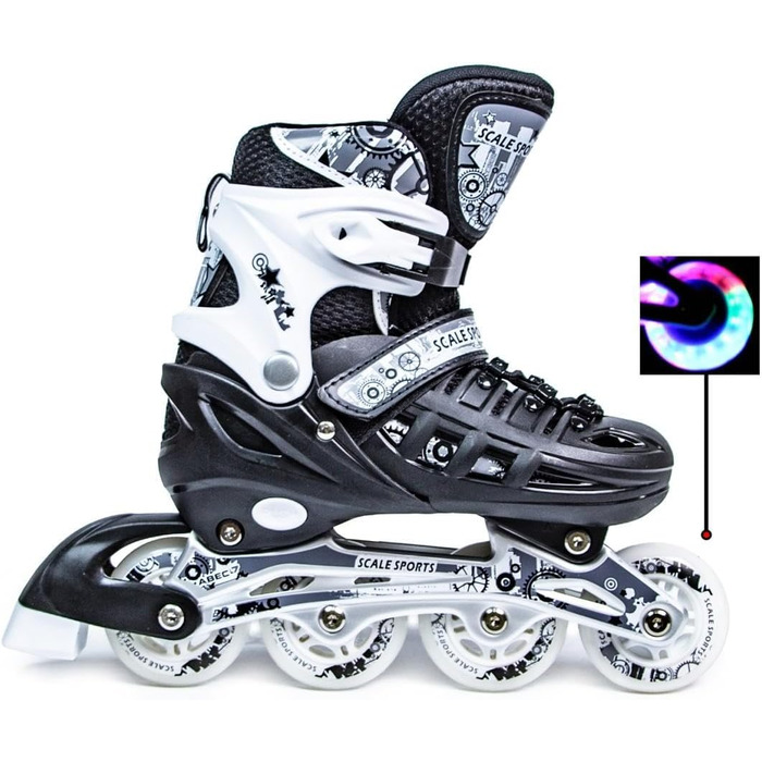 Регульовані роликові ковзани з підсвічуванням коліс для дітей та дорослих – роликові ковзани Inline, чорно-білі