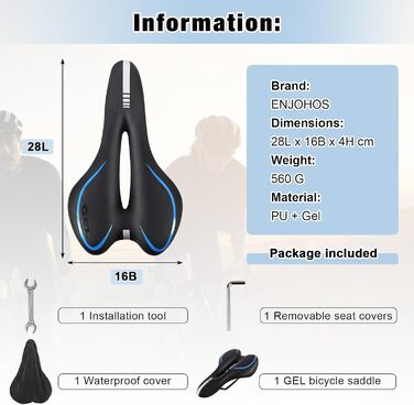 Велосипедне сідло ENJOHOS, водонепроникне, PU, для гірського, трекінгового, туристичного та шосейного велосипеда (блакитне гелеве)
